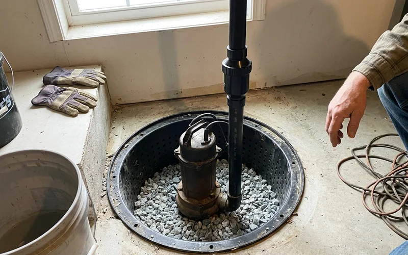 Cast iron submersible sump pump with a dual float switch inside a perforated basin