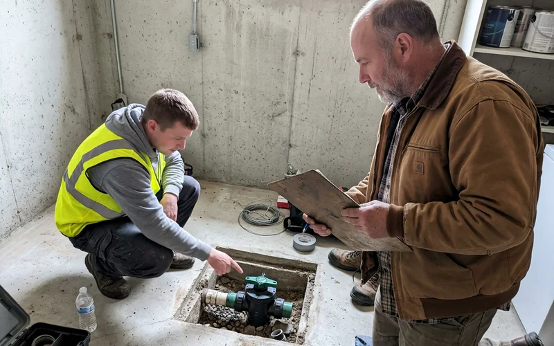 City plumbing inspector reviewing a new backwater valve install