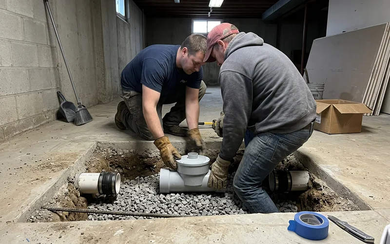 Installers setting a backwater valve on clear stone bedding inside a basement floor pit