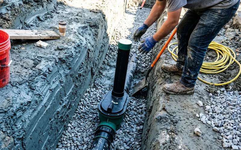 Exterior backwater valve with a deep-burial riser set in a trench on clear stone bedding
