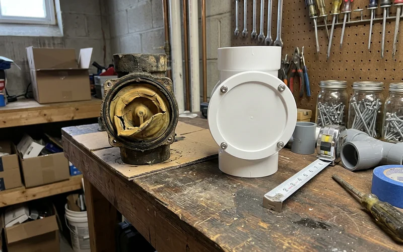 Old valve with a warped flapper beside a new replacement valve
