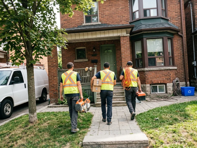 Three licensed plumbers walking toward a Toronto home carrying tools and valve boxes