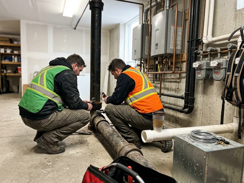 Two plumbers working on a 6-inch main drain in a multi-unit building utility room