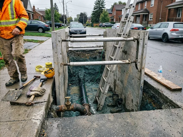 Trench shoring around the exposed lateral
