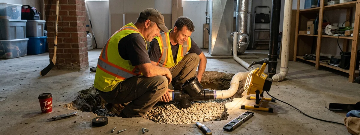 Two installers setting a new backwater valve in a basement floor pit