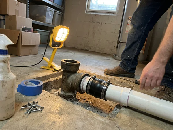 Cast iron main drain with a PVC transition coupling