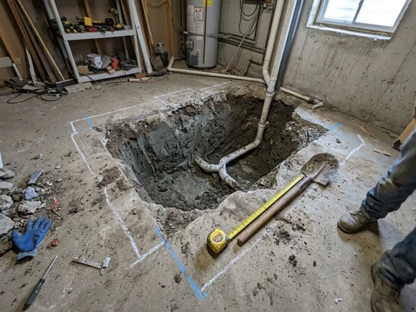 Open pit with the building drain and Leda clay exposed