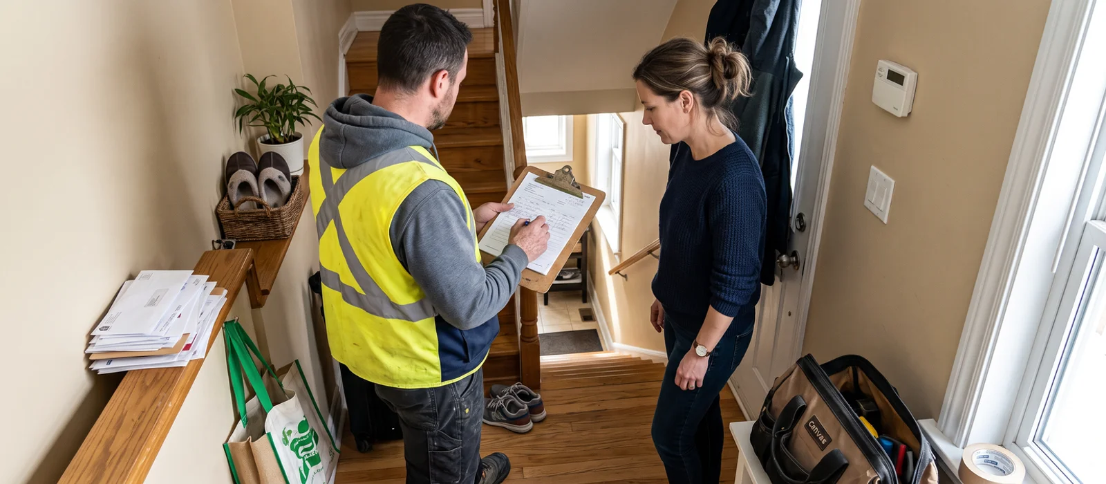 Plumber reviewing a written quote with a homeowner at the top of basement stairs