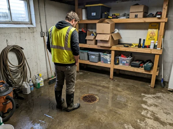 Water pooled at the floor drain after a storm