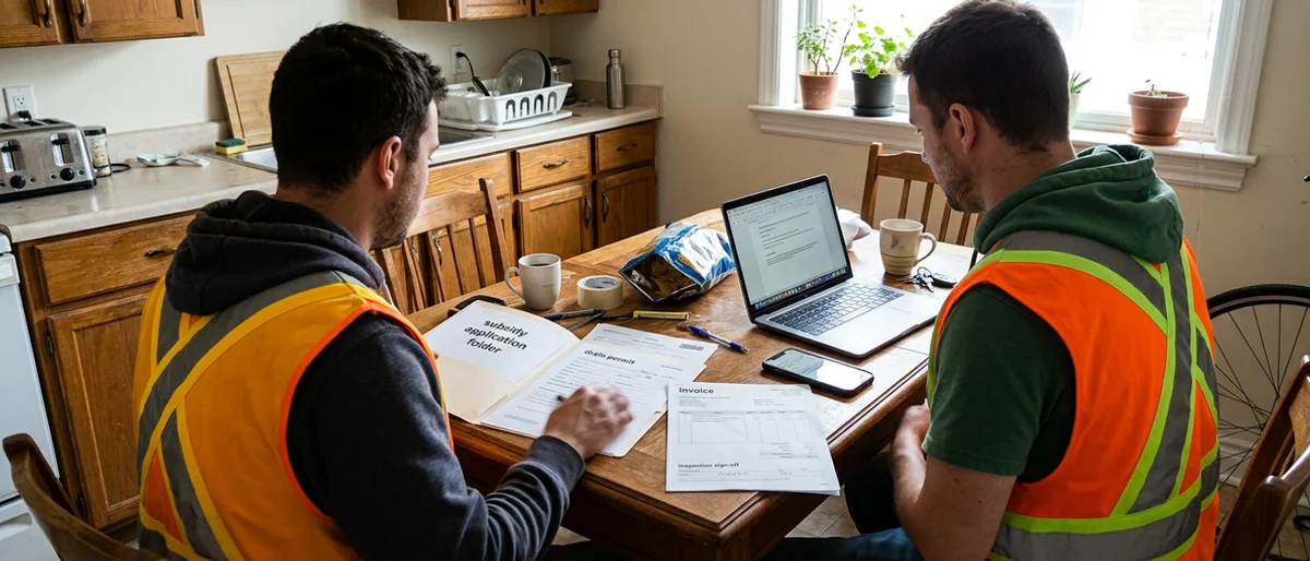 Crew assembling a City of Toronto subsidy application with permit, invoice and inspection sign-off