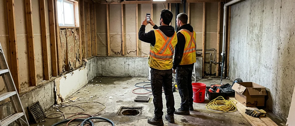 Two plumbers documenting a flood-damaged basement for an insurance adjuster