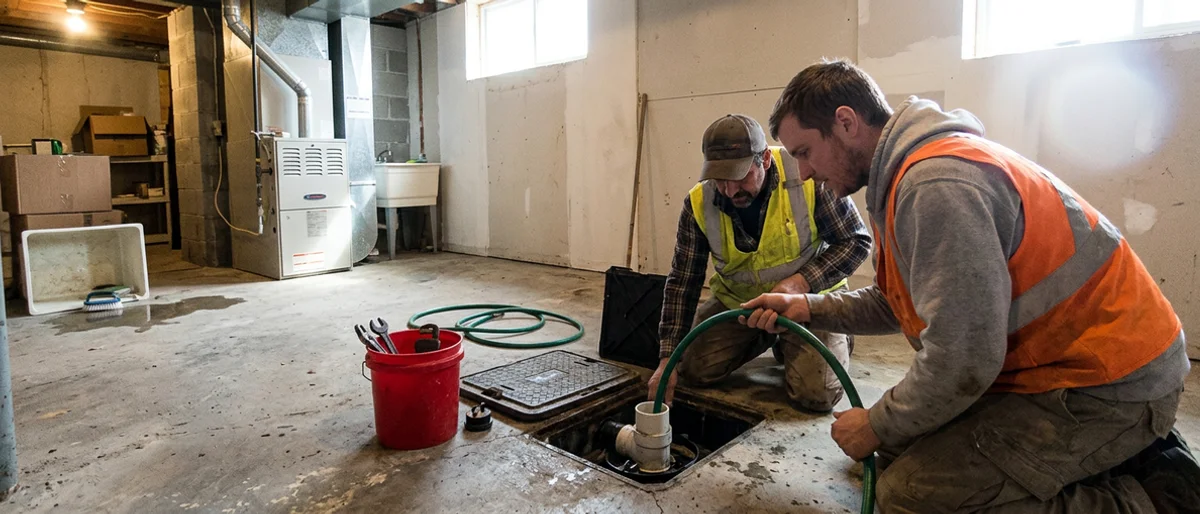 Two plumbers running a backflow test at an open backwater valve cover in a Toronto basement