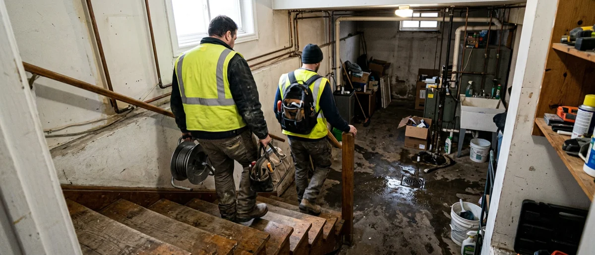 Two plumbers heading down basement stairs with tools toward a backed-up floor drain