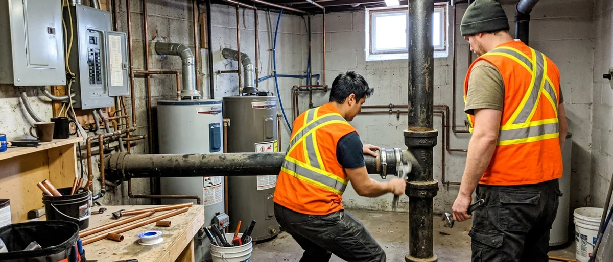 Two plumbers working on a 6-inch main building drain in a multi-unit basement