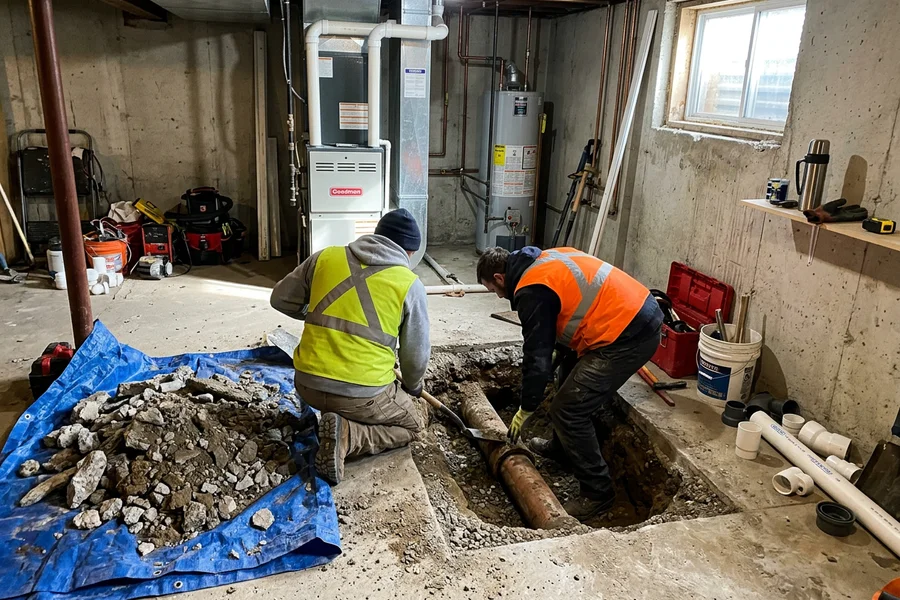 Two licensed plumbers in a Toronto basement beside a cut concrete pit with the sewer lateral exposed